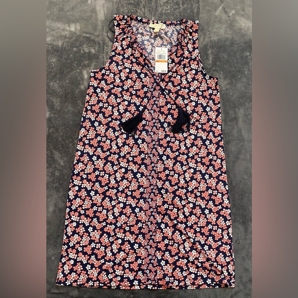 NWT Michael Kors Sleeveless Navy Pink White Retro Floral Midi Dress
